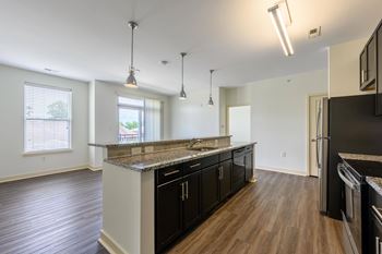 A kitchen with black cabinets and a granite countertop.